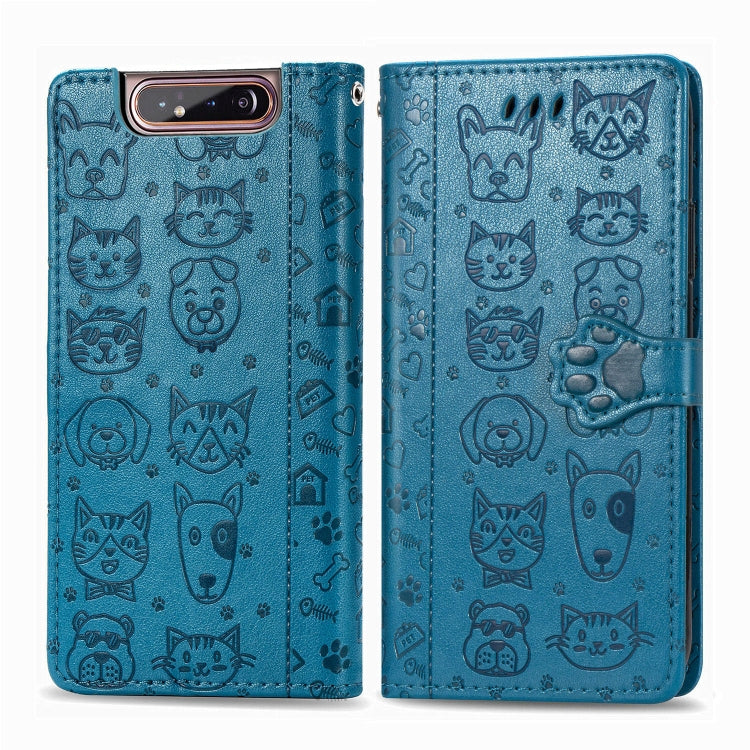 For Galaxy A80/A90 Cute Cat and Dog Embossed Horizontal Flip Leather Case with Bracket / Card Slot / Wallet / Lanyard