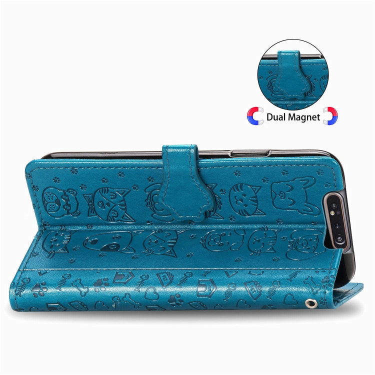 For Galaxy A80/A90 Cute Cat and Dog Embossed Horizontal Flip Leather Case with Bracket / Card Slot / Wallet / Lanyard