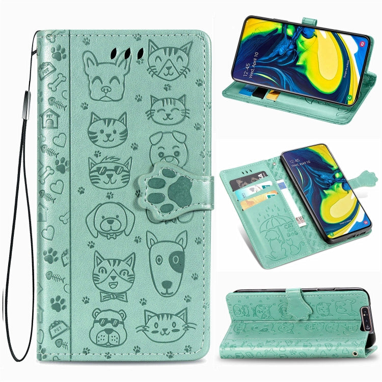 For Galaxy A80/A90 Cute Cat and Dog Embossed Horizontal Flip Leather Case with Bracket / Card Slot / Wallet / Lanyard