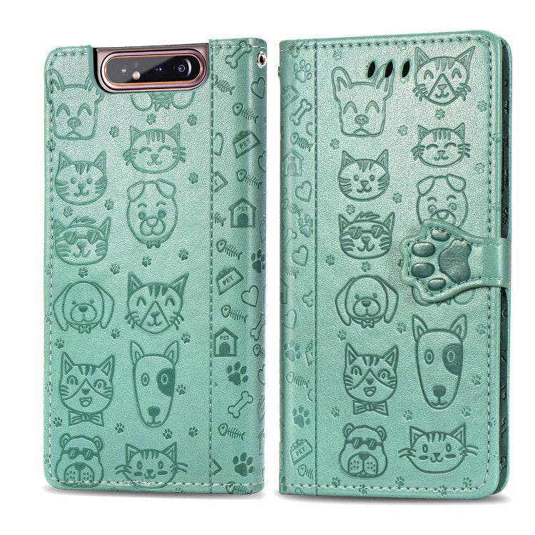 For Galaxy A80/A90 Cute Cat and Dog Embossed Horizontal Flip Leather Case with Bracket / Card Slot / Wallet / Lanyard