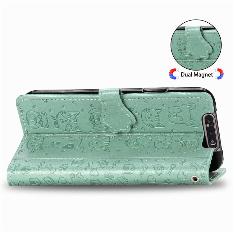 For Galaxy A80/A90 Cute Cat and Dog Embossed Horizontal Flip Leather Case with Bracket / Card Slot / Wallet / Lanyard