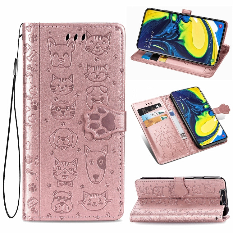 For Galaxy A80/A90 Cute Cat and Dog Embossed Horizontal Flip Leather Case with Bracket / Card Slot / Wallet / Lanyard