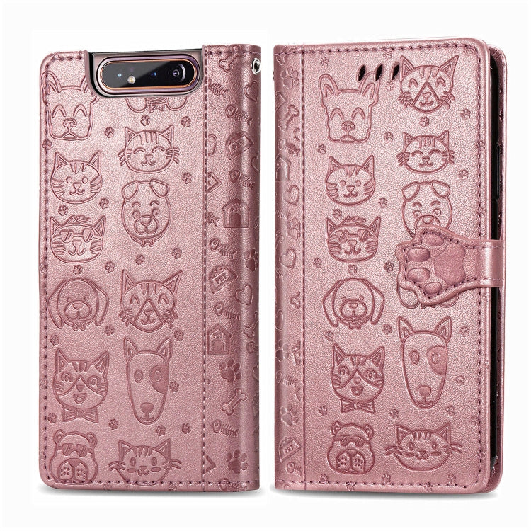 For Galaxy A80/A90 Cute Cat and Dog Embossed Horizontal Flip Leather Case with Bracket / Card Slot / Wallet / Lanyard