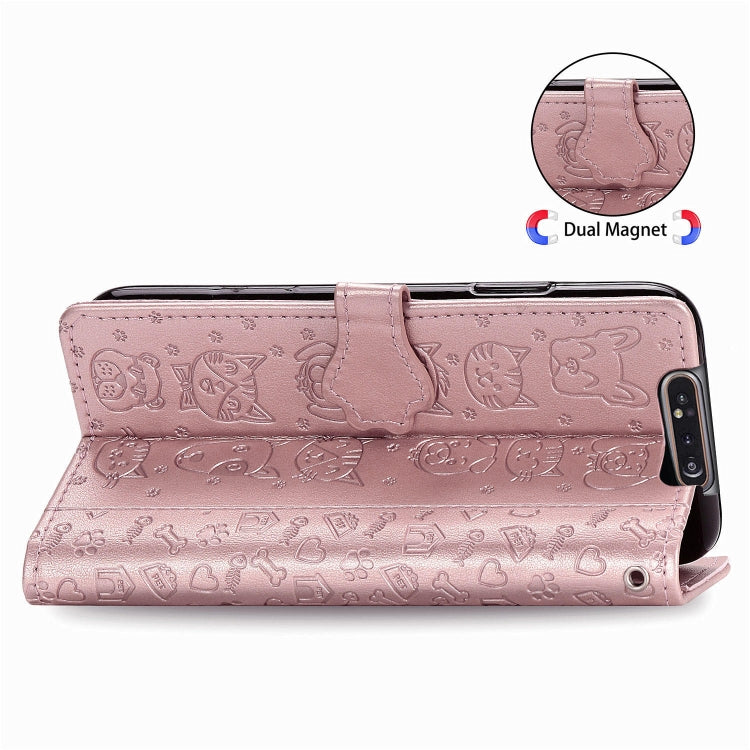 For Galaxy A80/A90 Cute Cat and Dog Embossed Horizontal Flip Leather Case with Bracket / Card Slot / Wallet / Lanyard