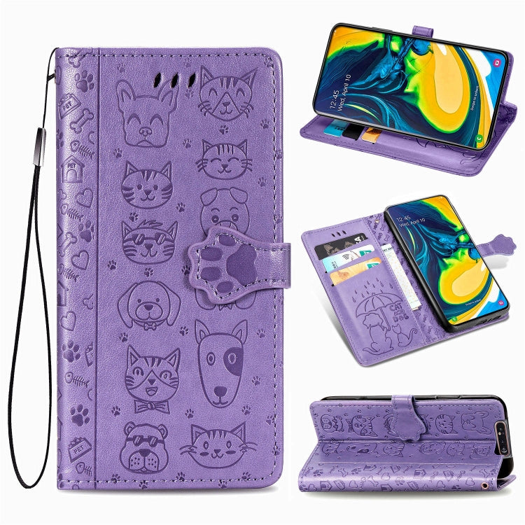 For Galaxy A80/A90 Cute Cat and Dog Embossed Horizontal Flip Leather Case with Bracket / Card Slot / Wallet / Lanyard