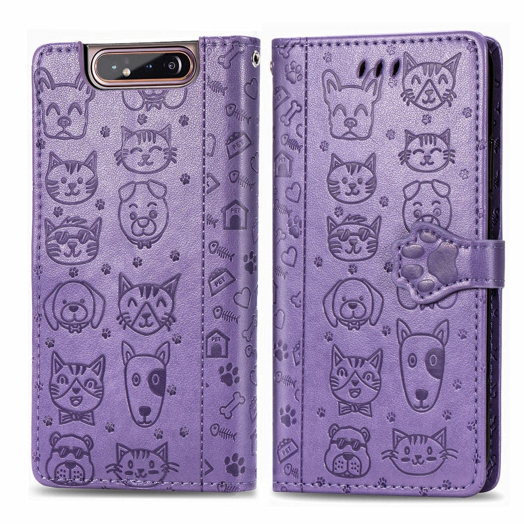 For Galaxy A80/A90 Cute Cat and Dog Embossed Horizontal Flip Leather Case with Bracket / Card Slot / Wallet / Lanyard