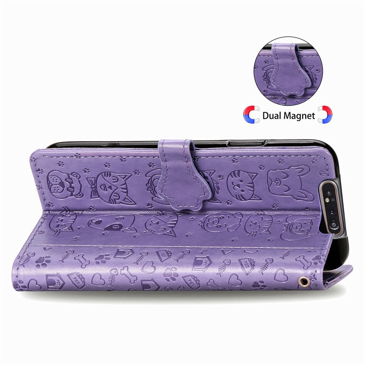 For Galaxy A80/A90 Cute Cat and Dog Embossed Horizontal Flip Leather Case with Bracket / Card Slot / Wallet / Lanyard