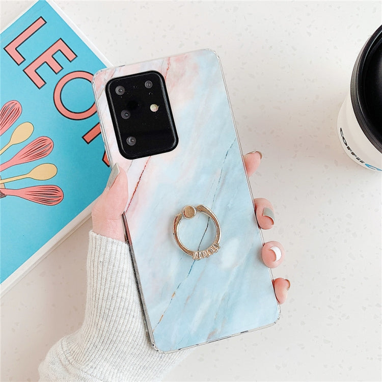 For Galaxy A71 TPU Smooth Marble with Ring Metal Rhinestone Bracket Mobile Phone Protective Case