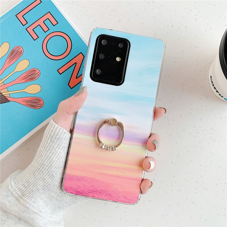 For Galaxy A71 TPU Smooth Marble with Ring Metal Rhinestone Bracket Mobile Phone Protective Case