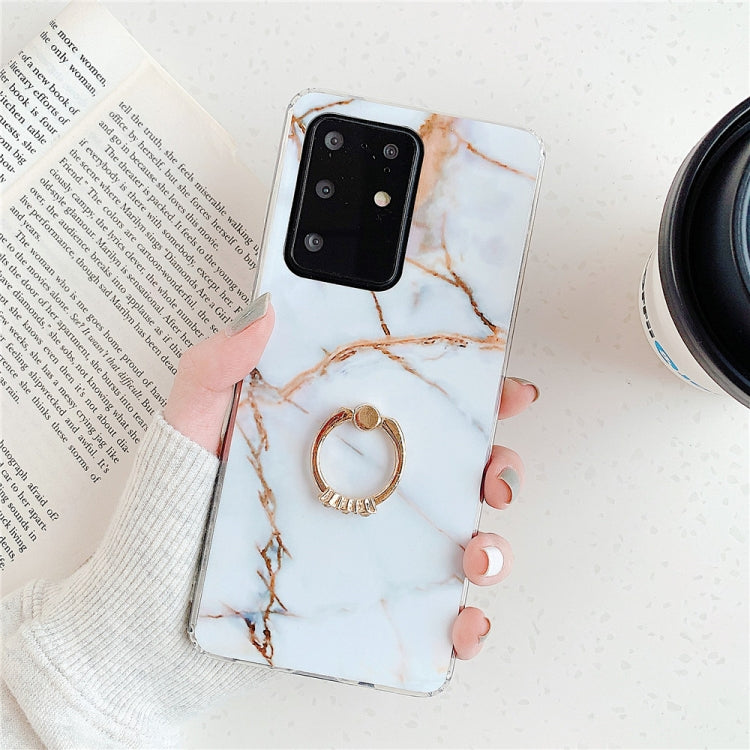 For Galaxy A71 TPU Smooth Marble with Ring Metal Rhinestone Bracket Mobile Phone Protective Case