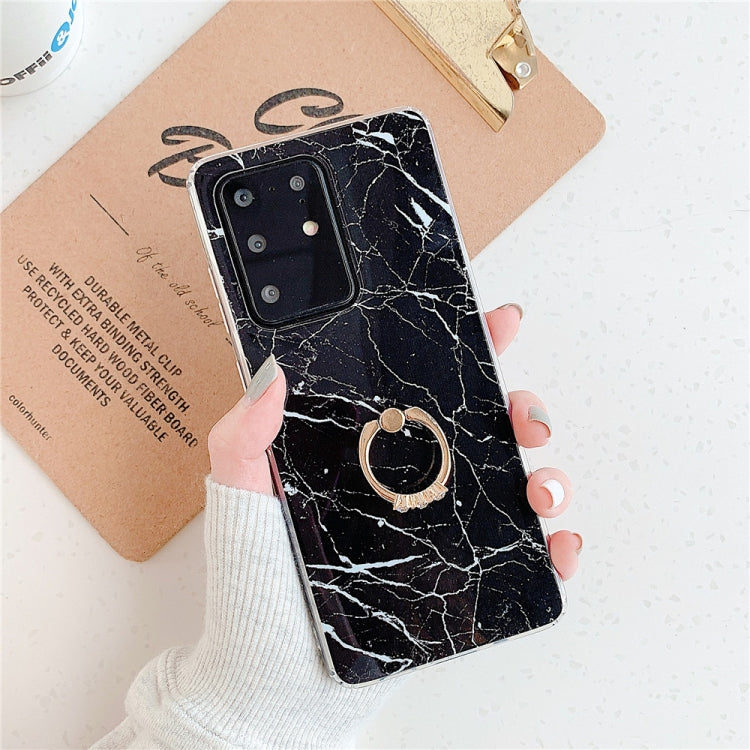 For Galaxy A71 TPU Smooth Marble with Ring Metal Rhinestone Bracket Mobile Phone Protective Case