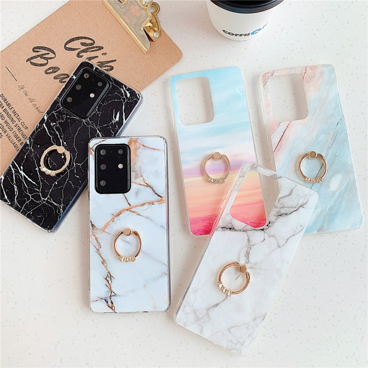 For Galaxy A71 TPU Smooth Marble with Ring Metal Rhinestone Bracket Mobile Phone Protective Case