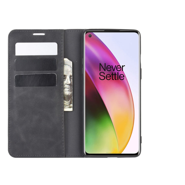 For OnePlus 8 Retro-skin Business Magnetic Suction Leather Case with Holder & Card Slots & Wallet