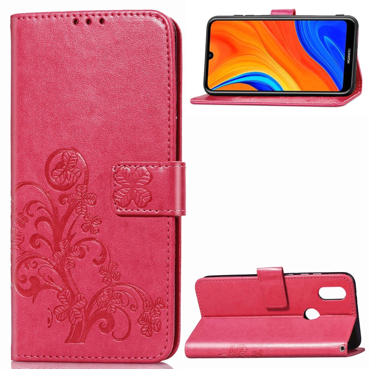 For Huawei Y6s (2019) Four-leaf Clasp Embossed Buckle PU Leather Case with Lanyard & Card Slot & Wallet & Holder