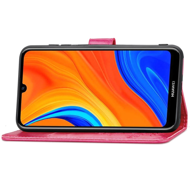 For Huawei Y6s (2019) Four-leaf Clasp Embossed Buckle PU Leather Case with Lanyard & Card Slot & Wallet & Holder