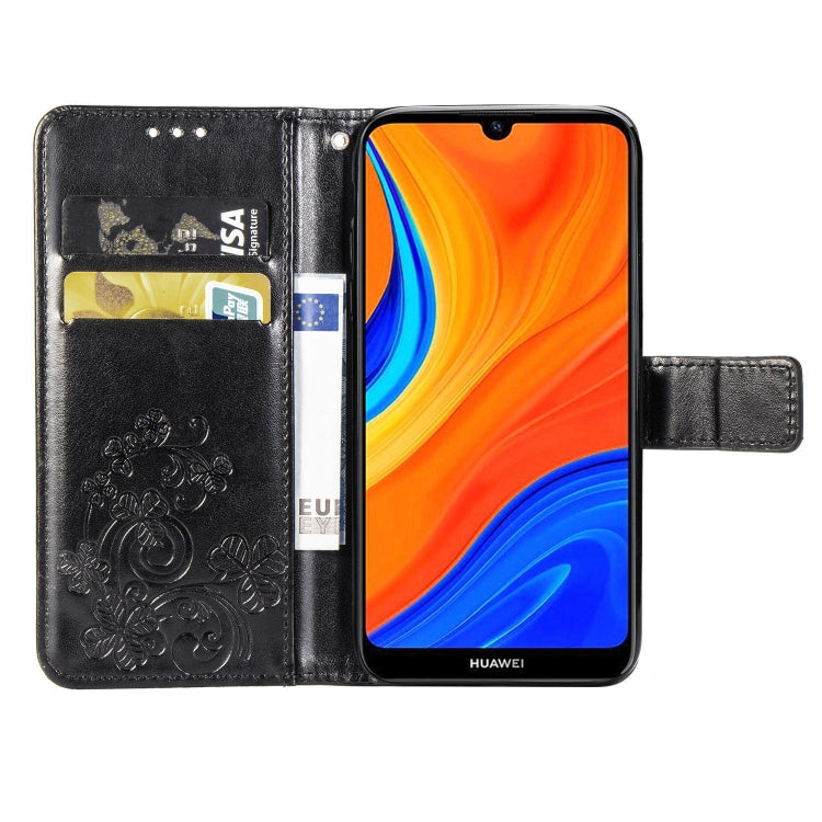 For Huawei Y6s (2019) Four-leaf Clasp Embossed Buckle PU Leather Case with Lanyard & Card Slot & Wallet & Holder