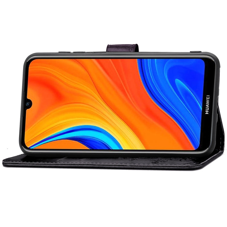 For Huawei Y6s (2019) Four-leaf Clasp Embossed Buckle PU Leather Case with Lanyard & Card Slot & Wallet & Holder