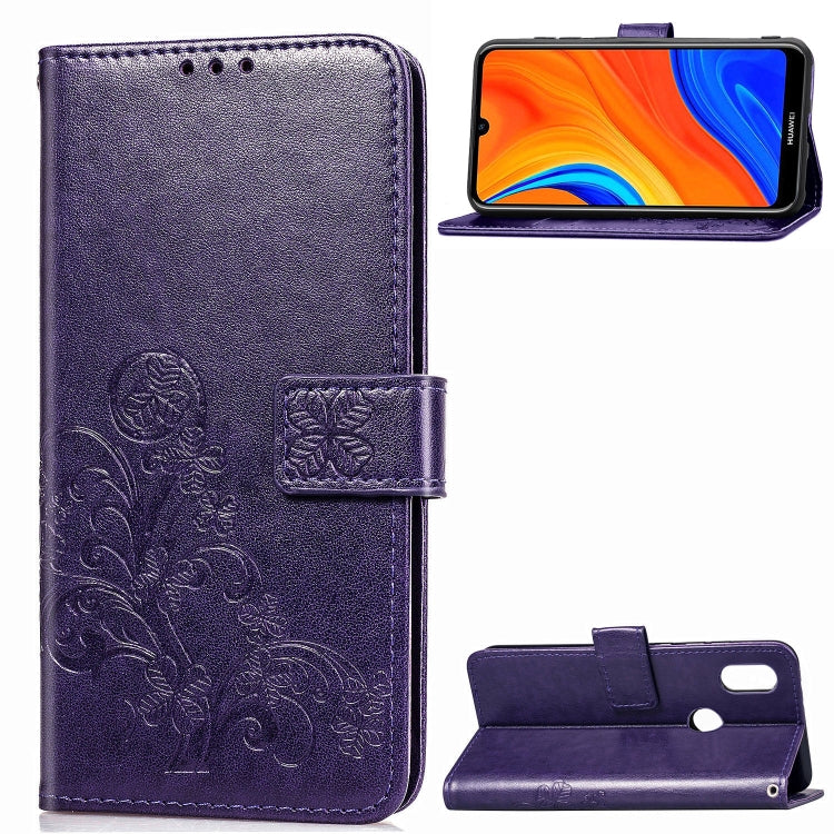 For Huawei Y6s (2019) Four-leaf Clasp Embossed Buckle PU Leather Case with Lanyard & Card Slot & Wallet & Holder