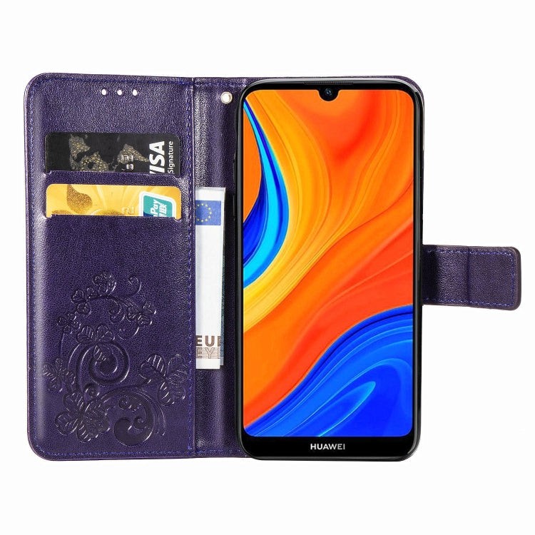 For Huawei Y6s (2019) Four-leaf Clasp Embossed Buckle PU Leather Case with Lanyard & Card Slot & Wallet & Holder