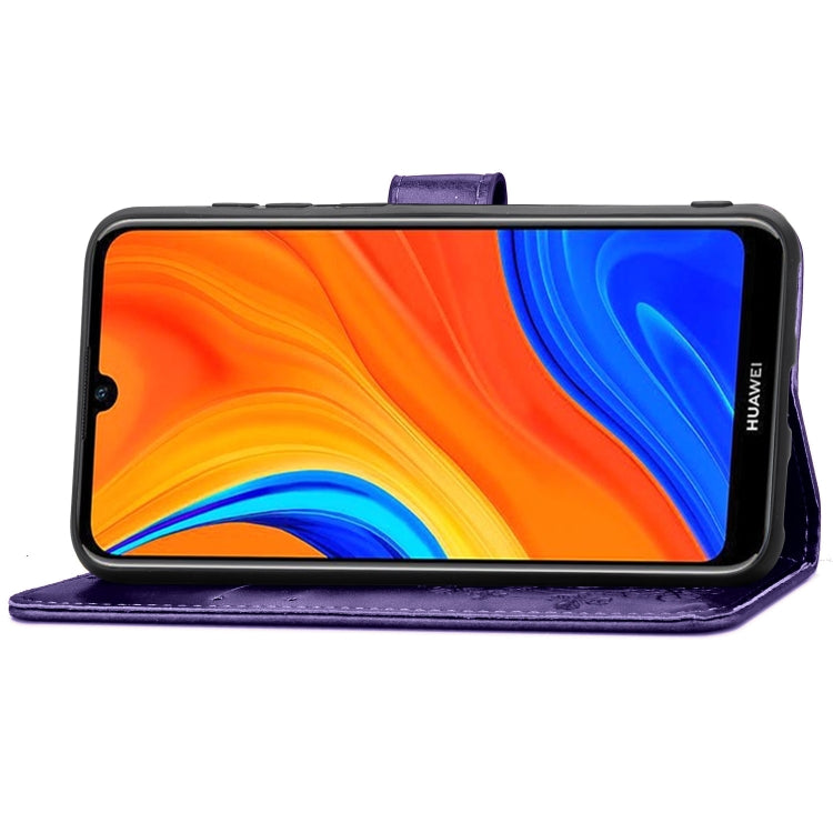 For Huawei Y6s (2019) Four-leaf Clasp Embossed Buckle PU Leather Case with Lanyard & Card Slot & Wallet & Holder