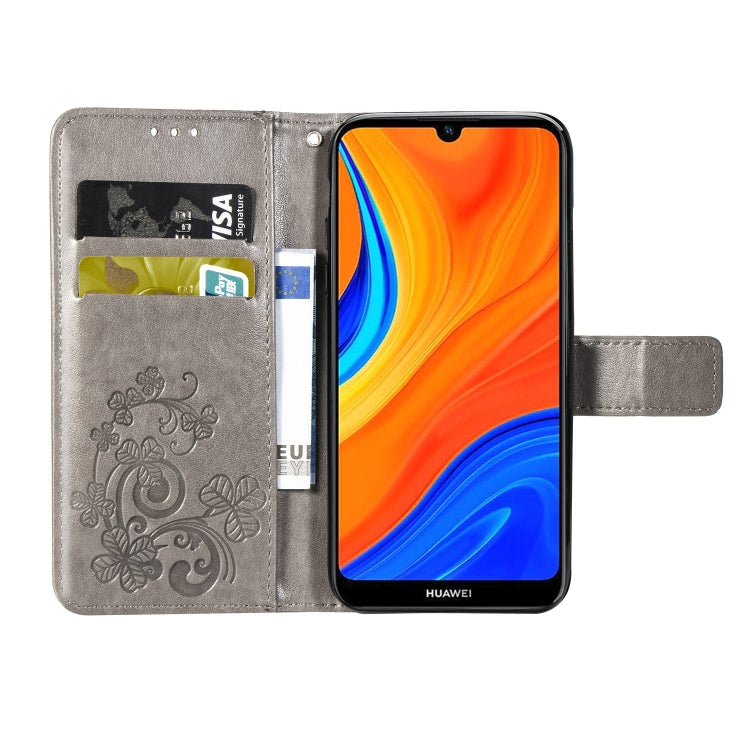 For Huawei Y6s (2019) Four-leaf Clasp Embossed Buckle PU Leather Case with Lanyard & Card Slot & Wallet & Holder