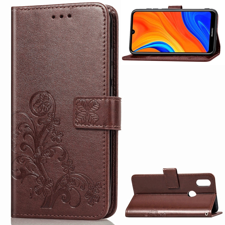 For Huawei Y6s (2019) Four-leaf Clasp Embossed Buckle PU Leather Case with Lanyard & Card Slot & Wallet & Holder