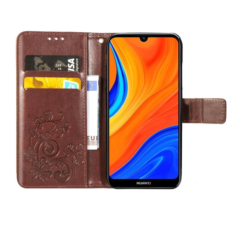 For Huawei Y6s (2019) Four-leaf Clasp Embossed Buckle PU Leather Case with Lanyard & Card Slot & Wallet & Holder