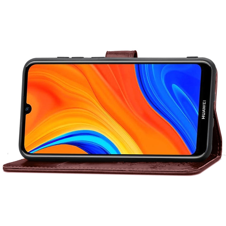 For Huawei Y6s (2019) Four-leaf Clasp Embossed Buckle PU Leather Case with Lanyard & Card Slot & Wallet & Holder