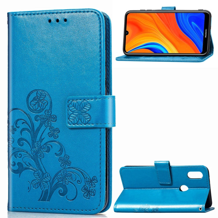 For Huawei Y6s (2019) Four-leaf Clasp Embossed Buckle PU Leather Case with Lanyard & Card Slot & Wallet & Holder