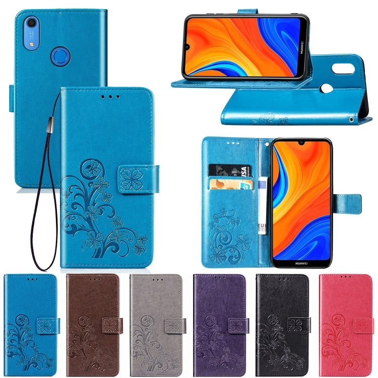 For Huawei Y6s (2019) Four-leaf Clasp Embossed Buckle PU Leather Case with Lanyard & Card Slot & Wallet & Holder