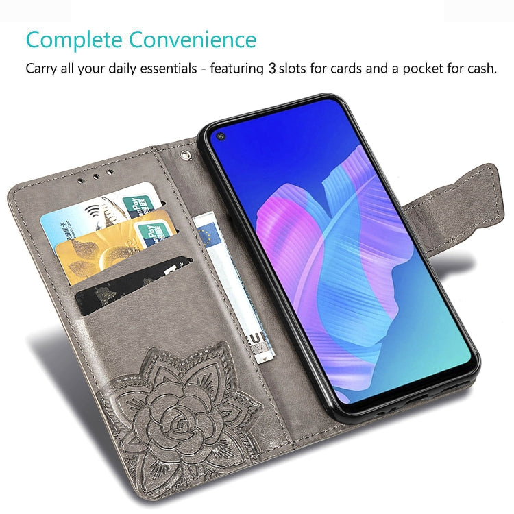 For Huawei Y7P Butterfly Love Flower Embossed Horizontal Flip Leather Case with Bracket / Card Slot / Wallet / Lanyard