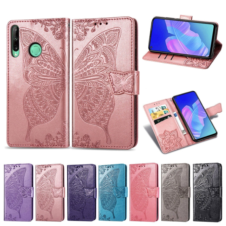 For Huawei Y7P Butterfly Love Flower Embossed Horizontal Flip Leather Case with Bracket / Card Slot / Wallet / Lanyard