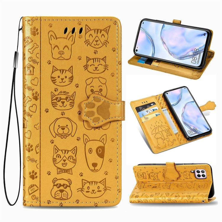 For Huawei P40 Lite/Nova 7i/Nova 6se Cute Cat and Dog Embossed Horizontal Flip Leather Case with Bracket / Card Slot / Wallet / Lanyard