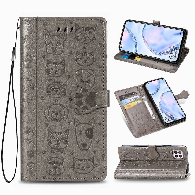 For Huawei P40 Lite/Nova 7i/Nova 6se Cute Cat and Dog Embossed Horizontal Flip Leather Case with Bracket / Card Slot / Wallet / Lanyard