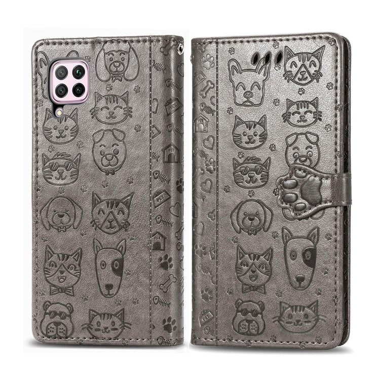 For Huawei P40 Lite/Nova 7i/Nova 6se Cute Cat and Dog Embossed Horizontal Flip Leather Case with Bracket / Card Slot / Wallet / Lanyard