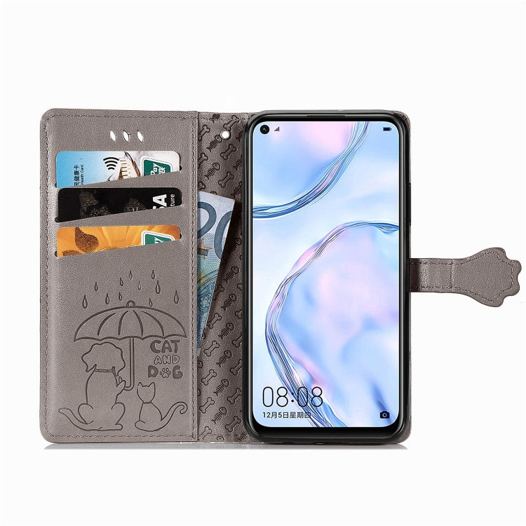 For Huawei P40 Lite/Nova 7i/Nova 6se Cute Cat and Dog Embossed Horizontal Flip Leather Case with Bracket / Card Slot / Wallet / Lanyard