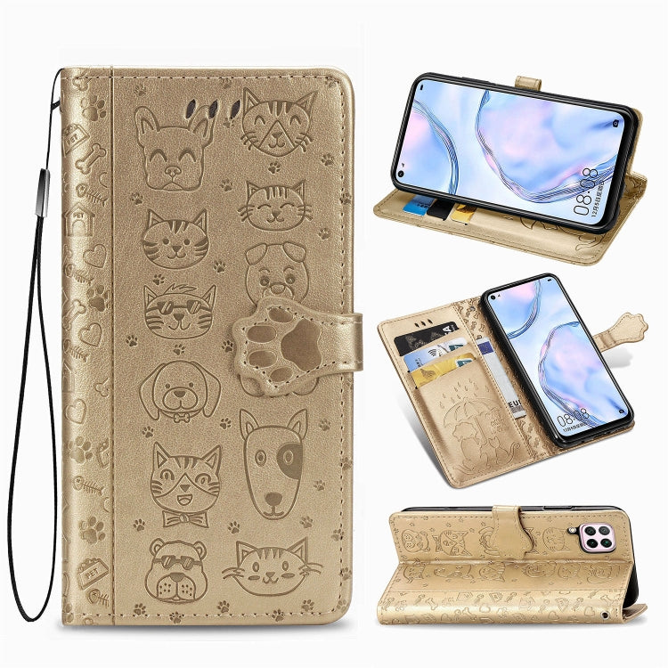 For Huawei P40 Lite/Nova 7i/Nova 6se Cute Cat and Dog Embossed Horizontal Flip Leather Case with Bracket / Card Slot / Wallet / Lanyard