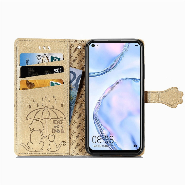 For Huawei P40 Lite/Nova 7i/Nova 6se Cute Cat and Dog Embossed Horizontal Flip Leather Case with Bracket / Card Slot / Wallet / Lanyard