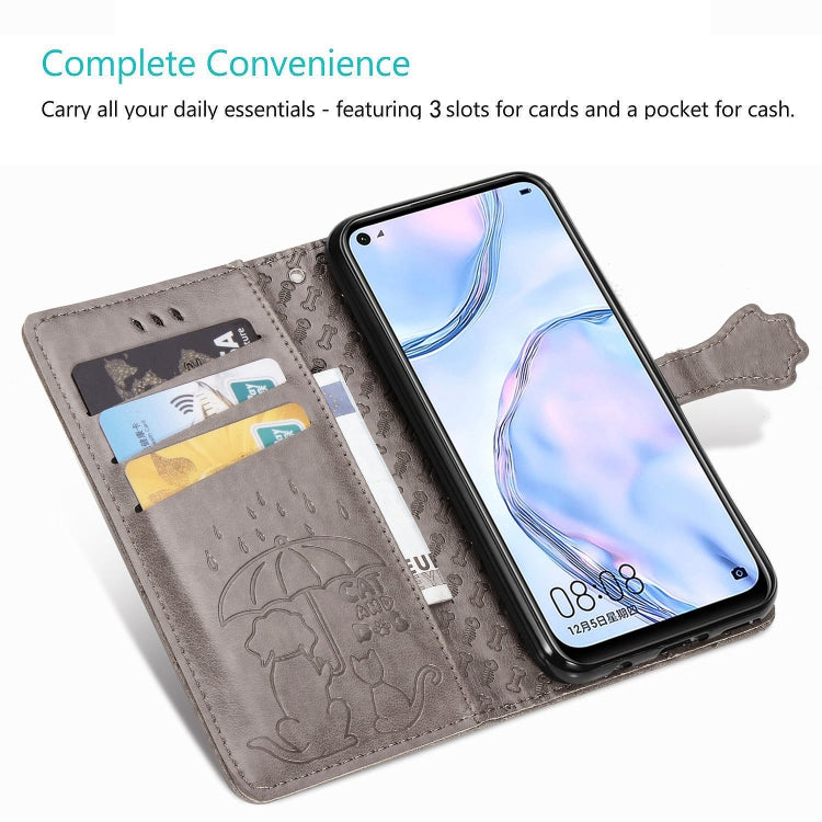 For Huawei P40 Lite/Nova 7i/Nova 6se Cute Cat and Dog Embossed Horizontal Flip Leather Case with Bracket / Card Slot / Wallet / Lanyard
