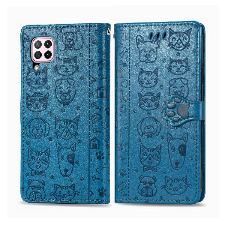 For Huawei P40 Lite/Nova 7i/Nova 6se Cute Cat and Dog Embossed Horizontal Flip Leather Case with Bracket / Card Slot / Wallet / Lanyard