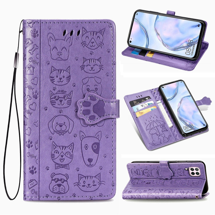 For Huawei P40 Lite/Nova 7i/Nova 6se Cute Cat and Dog Embossed Horizontal Flip Leather Case with Bracket / Card Slot / Wallet / Lanyard