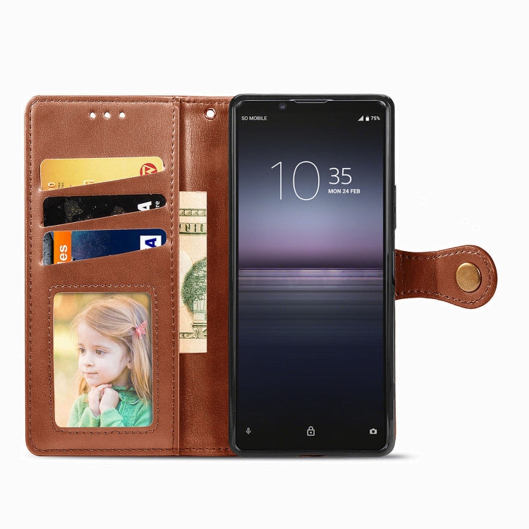 For Sony Xperia 1 II Retro Solid Color Leather Buckle Phone Case with Lanyard & Photo Frame & Card Slot & Wallet & Stand Function
