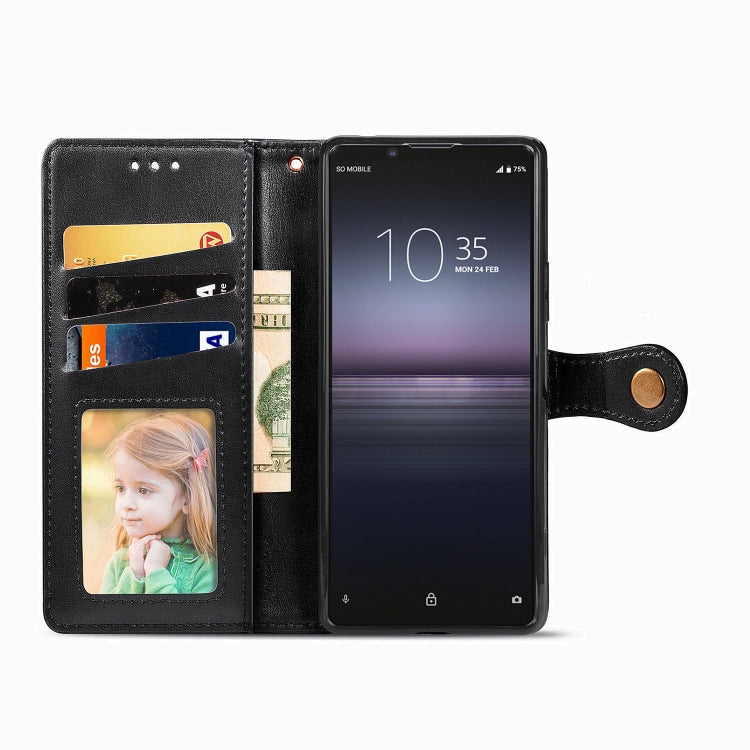 For Sony Xperia 1 II Retro Solid Color Leather Buckle Phone Case with Lanyard & Photo Frame & Card Slot & Wallet & Stand Function