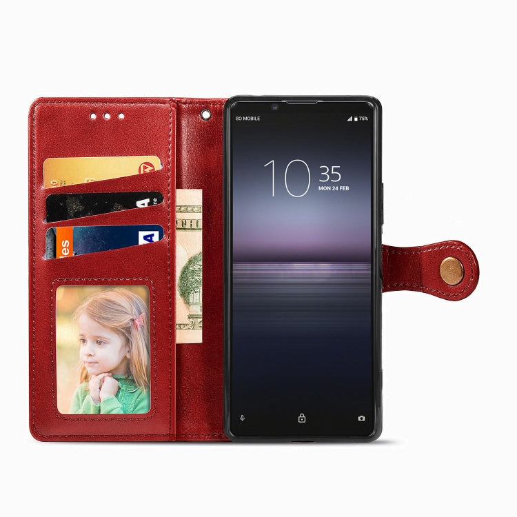 For Sony Xperia 1 II Retro Solid Color Leather Buckle Phone Case with Lanyard & Photo Frame & Card Slot & Wallet & Stand Function