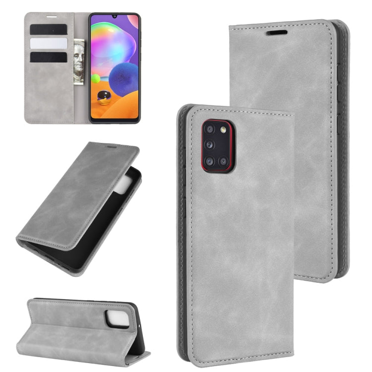 For Galaxy A31 Retro-skin Business Magnetic Suction Leather Case with Holder & Card Slots & Wallet