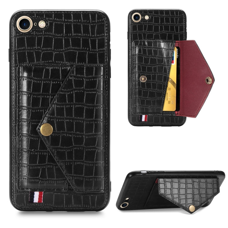 For iPhone SE 2022 / SE 2020 Crocodile Pattern PU+TPU+PVC Shatter-resistant Mobile Phone Case with Magnetic Invisible Holder & Holder & Card Slots