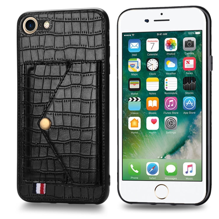 For iPhone SE 2022 / SE 2020 Crocodile Pattern PU+TPU+PVC Shatter-resistant Mobile Phone Case with Magnetic Invisible Holder & Holder & Card Slots