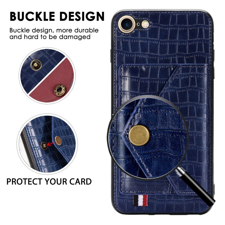 For iPhone SE 2022 / SE 2020 Crocodile Pattern PU+TPU+PVC Shatter-resistant Mobile Phone Case with Magnetic Invisible Holder & Holder & Card Slots