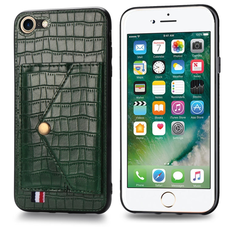 For iPhone SE 2022 / SE 2020 Crocodile Pattern PU+TPU+PVC Shatter-resistant Mobile Phone Case with Magnetic Invisible Holder & Holder & Card Slots