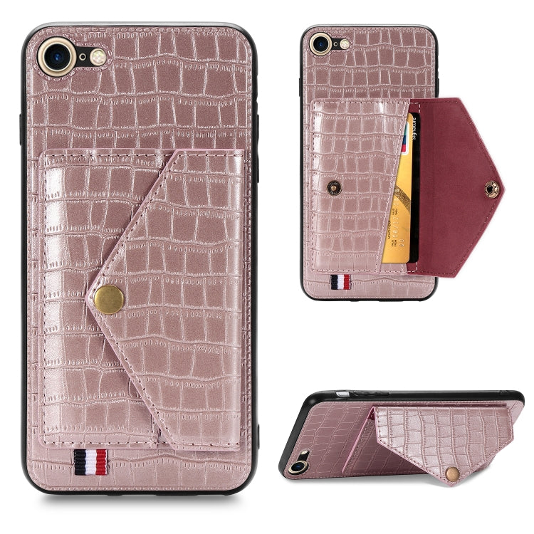 For iPhone SE 2022 / SE 2020 Crocodile Pattern PU+TPU+PVC Shatter-resistant Mobile Phone Case with Magnetic Invisible Holder & Holder & Card Slots